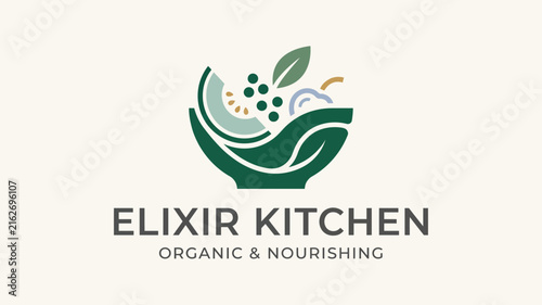 Organic and nourishing kitchen logo featuring a green bowl filled with healthy fruit, leaves, and fresh natural ingredients