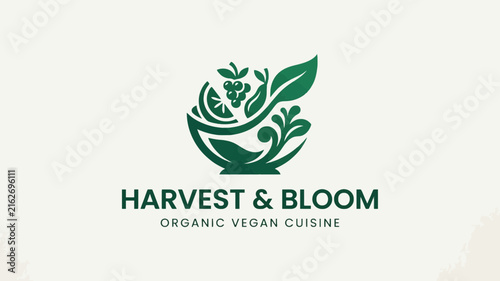 Elegant organic vegan cuisine logo featuring fresh fruit and leafy greens in a stylized bowl, symbolizing natural harvest and healthy eating