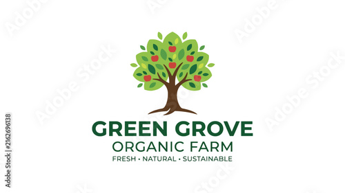 Green grove organic farm logo with a lush tree bearing fresh red apples, symbolizing sustainable agriculture and natural food production