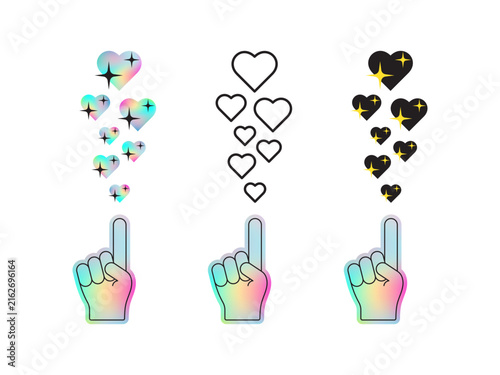 Collection of stylized hearts and pointing fingers with holographic and black designs