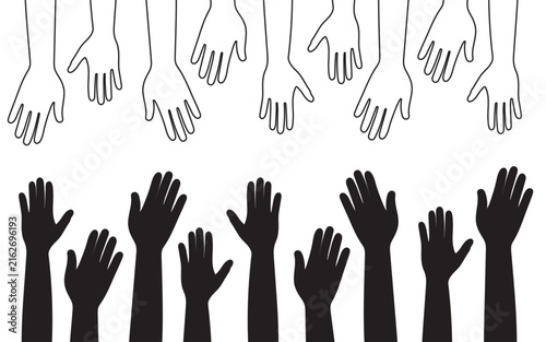 Diverse group of hands raised in silhouette and outline for unity and participation