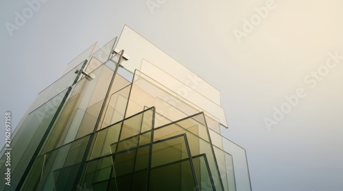 Modern Translucent Glass Panels Layered in Dynamic Architectural Structure under Sky.