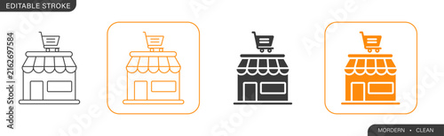 Set of online store vector icons featuring storefront building with a shopping cart, available in linear outline and solid filled styles for mobile application and web design.