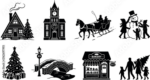 Christmas Winter Village Silhouette Collection with Santa Sleigh, Snowman, Families, Trees, and Festive Buildings