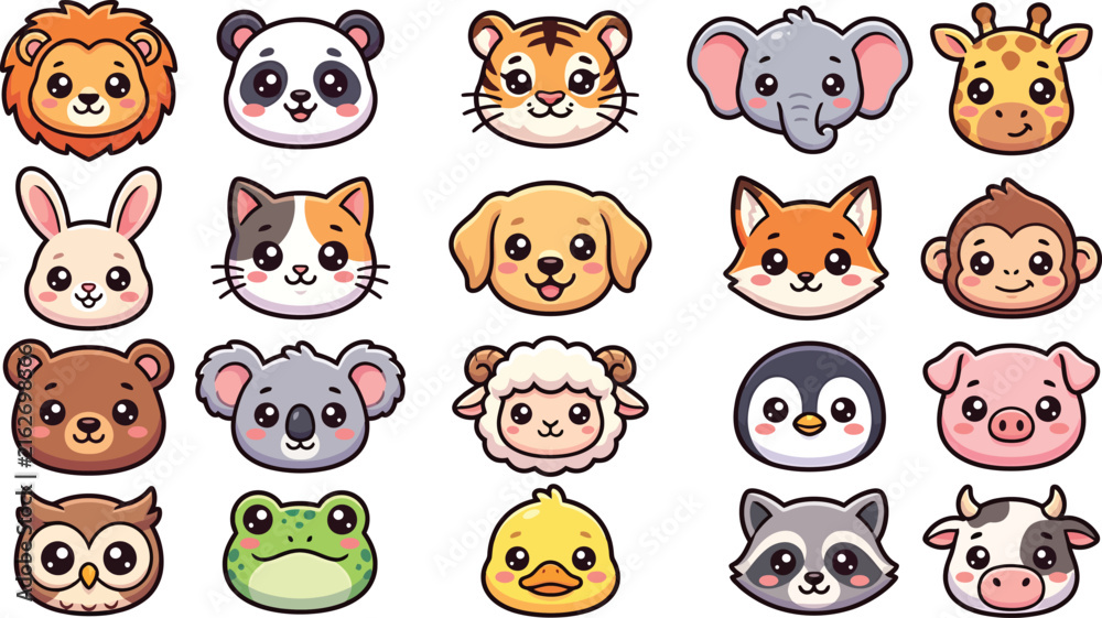Fototapeta premium Cute cartoon animal faces collection set