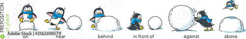 Preposition of place. Funny penguins cartoon set 1