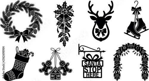 Christmas Holiday Door Decor and Winter Ornaments Silhouette Set for Festive Greeting Cards and Crafts