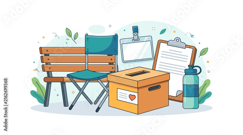 Volunteer Event Setup Elements with Donation Box and Seating