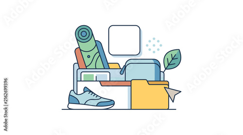 Lifestyle and wellness concept items in a box vector illustration