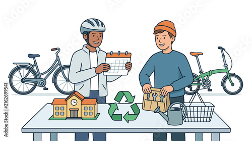 Community recycling and bicycle repair event flat vector illustration