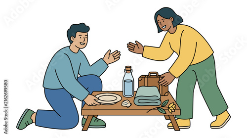 Couple having a picnic in flat design style