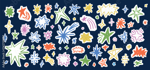 Hand drawn scrapbook star doodles with crayon texture on torn beige paper. Color twinkle sticker collage elements for journal, notebook, social media banner, craft poster vector illustration
