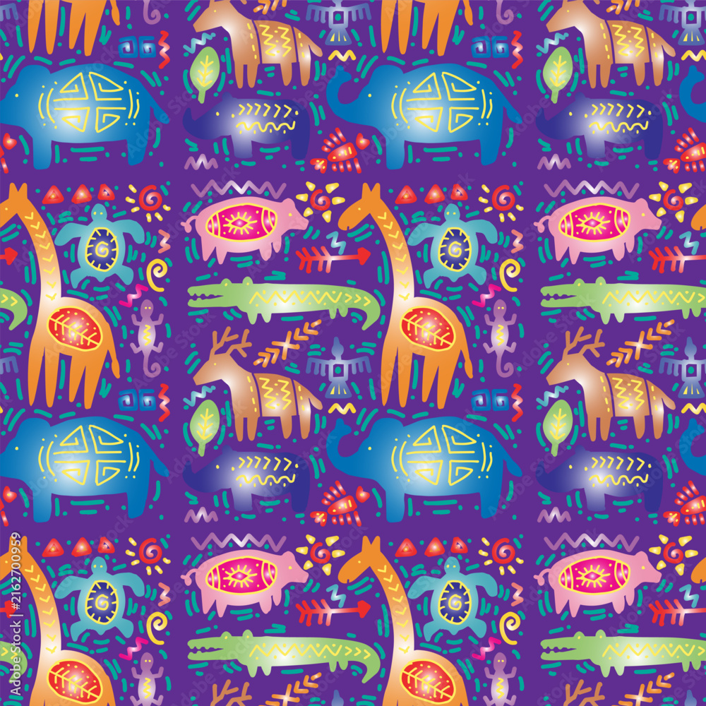 Naklejka premium Tribal animal pattern on purple background