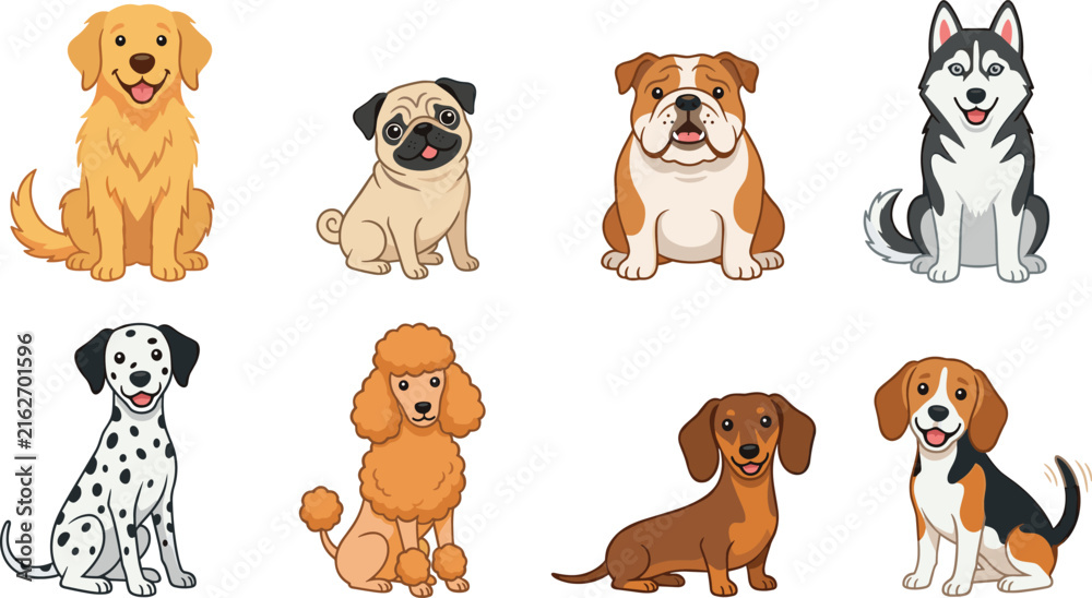 Fototapeta premium Dog Breed Icon Set with Golden Retriever, Pug, Bulldog, Husky, Dalmatian, Poodle, Dachshund, and Beagle Sitting Cartoon Designs