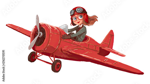 Cartoon girl aviator flying a vintage red airplane, whimsical pilot character illustration isolated on white background