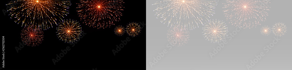 Fototapeta premium Elegant pastel firework bursts with soft glowing sparks arranged in a beautiful festive horizontal row
