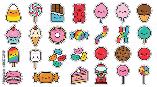 Cute Candy and Sweets Icon Set with Lollipop, Gummy Bear, Cupcake, and Donut Characters for Confectionery and Party Design