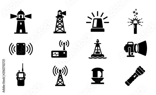 фотографія Navigation and Signal Icons Set: Lighthouse, Beacon, Siren, Flashlight, Radio, R
