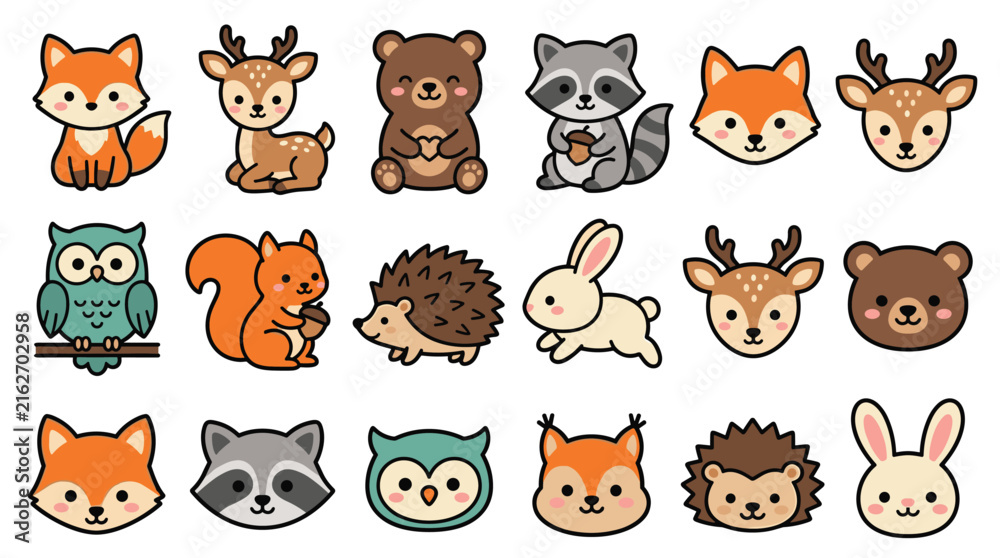 Obraz premium Woodland Forest Animal Icon Set with Fox, Bear, Owl, and Rabbit Face and Body Characters for Children's Nursery Design