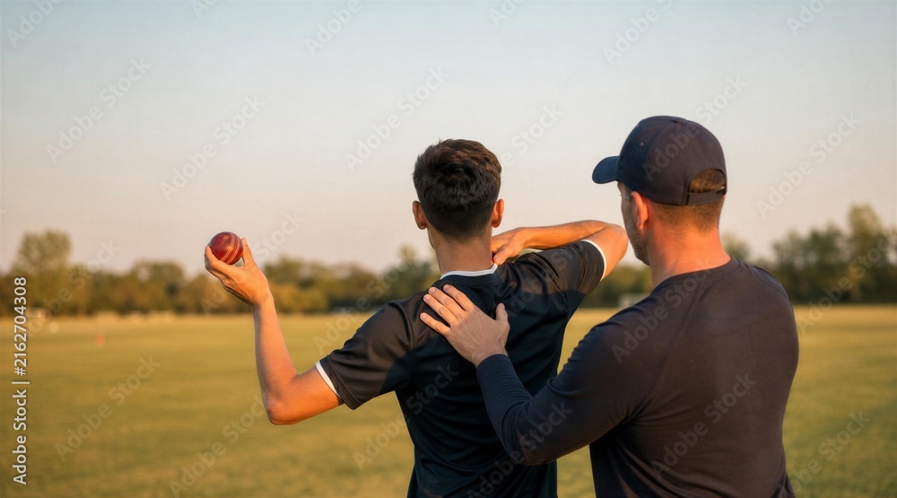 Fototapeta premium Cricket Coach Teaching Young Player Bowling Technique Outdoors