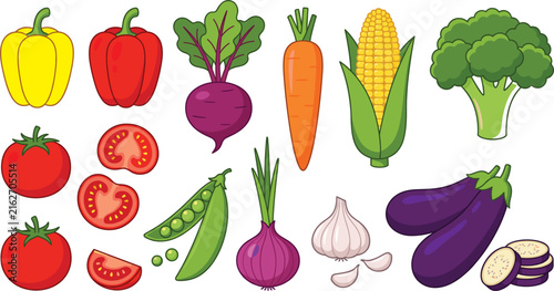 Fresh Organic Vegetables Vector Clipart Set with Bell Pepper Broccoli Tomato Corn Carrot Eggplant and Garlic Icons for Healthy Diet Grocery Menu Flat Illustration