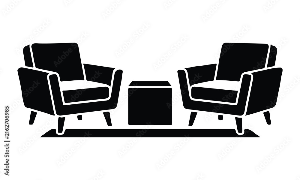 Obraz premium Black and white illustration of two armchairs and a small side table arrangement