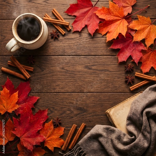 Autumn Flat Lay with Coffee, Leaves, and Blanket