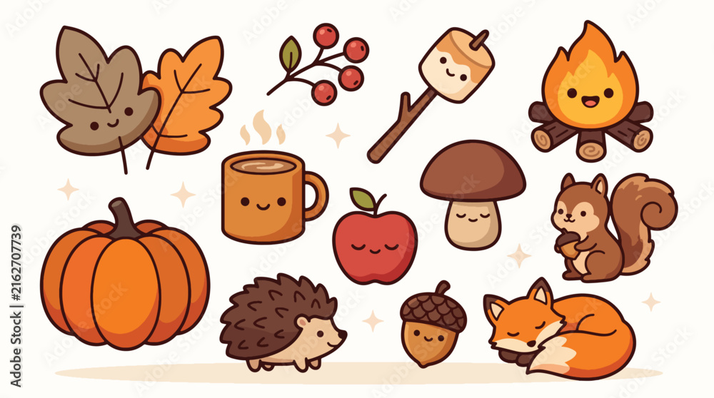 Fototapeta premium Cute Kawaii Autumn Illustration Set with Fox Squirrel Pumpkin and Mushroom.