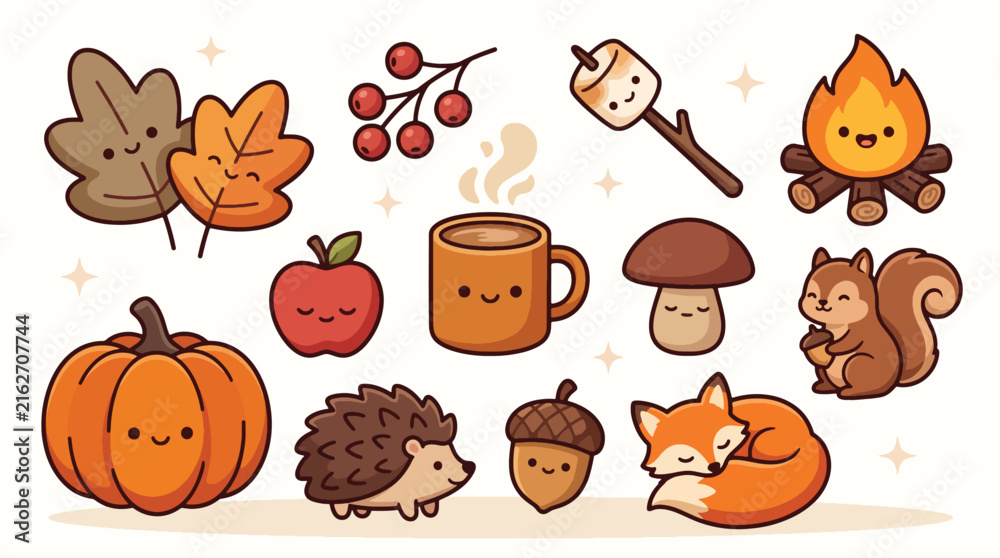 Fototapeta premium Cute Kawaii Autumn Doodle Icon Set with Pumpkin Fox and Hedgehog.