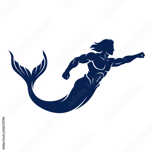 Obraz na plátně Merman superhero vector silhouette, muscular merman swimming in navy blue, power