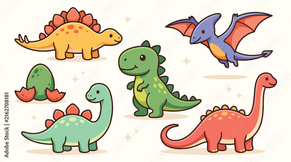 Fototapeta premium Set of Cute Cartoon Dinosaurs and Prehistoric Creatures Illustration.