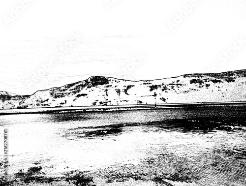 Cuadro en lienzo Snow Covered Mountain Ridge Beyond Frozen Water in High Contrast Black and White