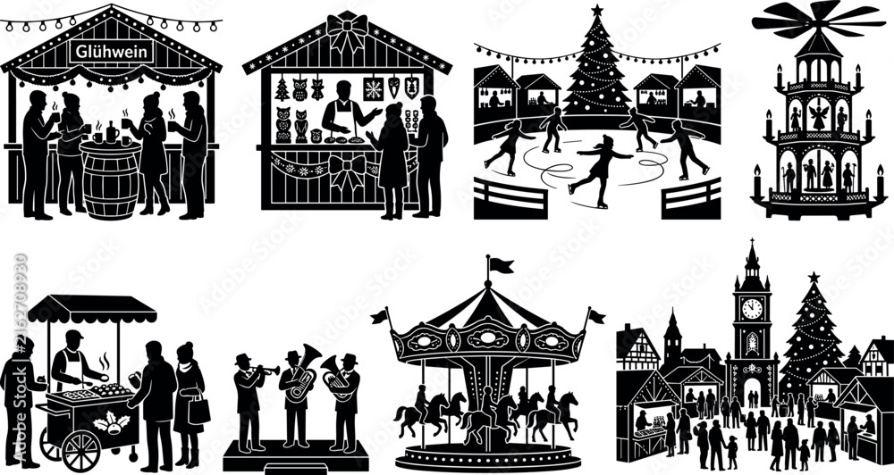 Fototapeta premium Christmas Market Silhouettes Set Festive European Holiday Stalls Ice Rink Carousel and Town Icons