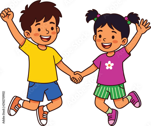 Happy Boy and Girl Jumping and Holding Hands Together in Colorful Cartoon Style for Friendship and Children Designs