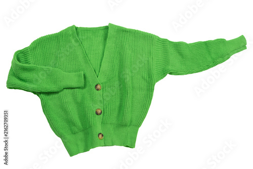 Bright green button down knitted cardigan isolated on white background. Casual v-neck oversized sweater flat lay top view studio shot