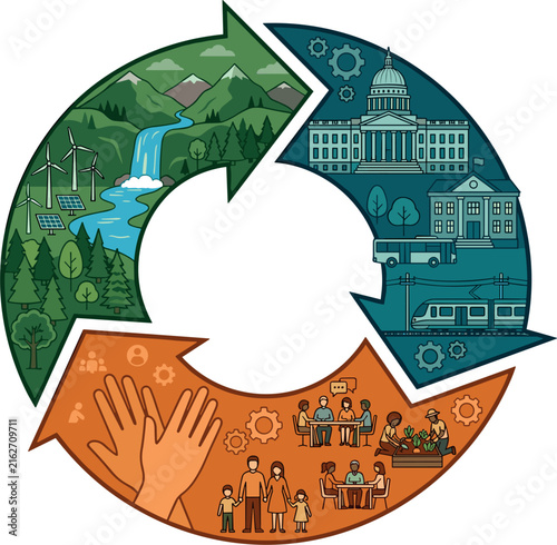 Sustainable Circular Economy Concept Diagram with Renewable Green Energy Nature Public Infrastructure Social Community and Human Collaboration Symbols Vector Illustration
