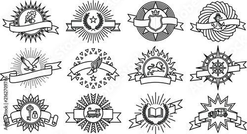 Vintage Heraldic Emblem and Logo Badge Set Featuring Ribbon Banners Eagle Lion Anchor Compass Key Winged Shoe and Retro Car Vector Line Art