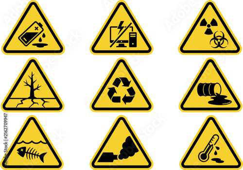 Industrial Hazard and Environmental Warning Signs Set with Triangle Yellow Warning Labels for Radiation Biohazard Chemical Spill and Pollution Vector