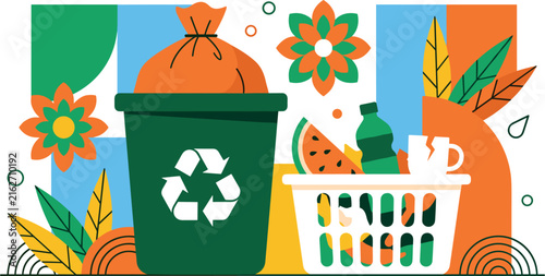 Waste Management and Sorting Banner with Recycling Bin Full Trash Bag Plastic Bottle Broken Mug and Watermelon in Basket Vector Illustration