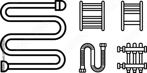 Bathroom Heated Towel Rail and Plumbing Pipe Icon Set Featuring S Shape Radiator Dryer Heated Towel Racks Flexible Corrugated Hose and Underfloor Heating Manifold Line Art Vector