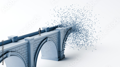 Quadro su tela Man walking stone arch bridge as far end breaks apart into scattered flying bloc