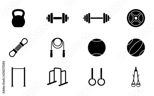 Obraz na plátně Fitness Equipment Icons Set, 12 Vector Graphics for Gym, Workout, and Sports Tra