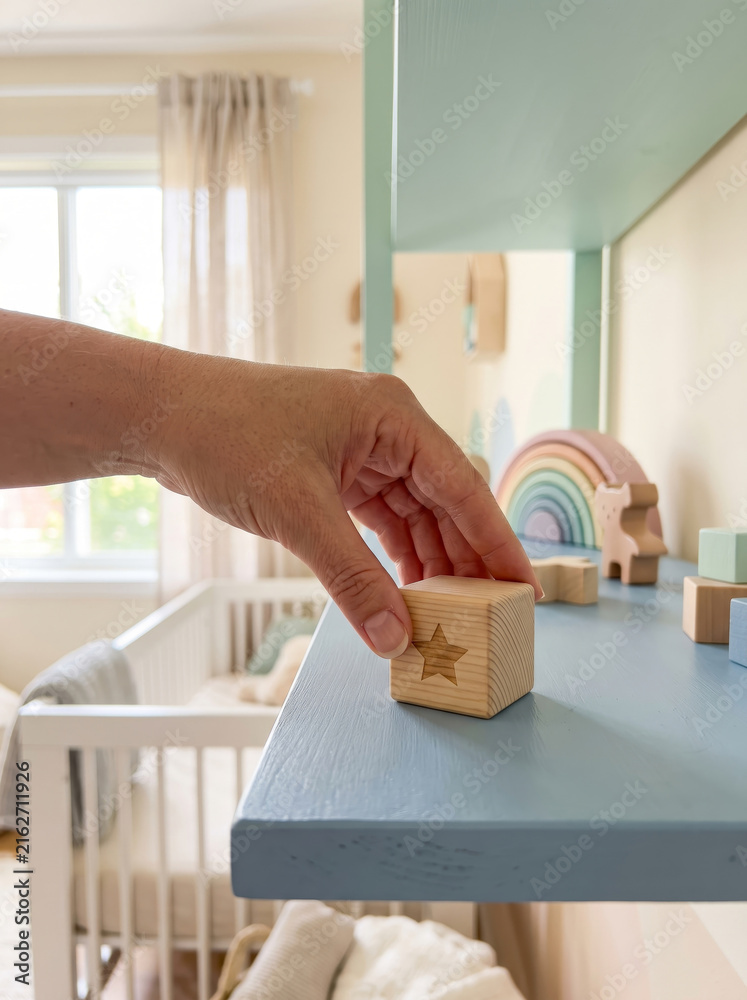 Fototapeta premium Hand placing wooden alphabet toy block on nursery shelf decor