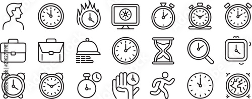 Time Related Icons Set with Clocks, Hourglass, Briefcase, and Person Illustration