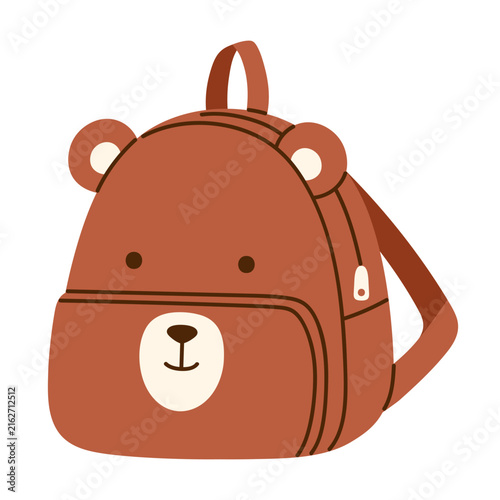 Cute bear school bag. Adorable animal backpack for back to school, education, kindergarten, preschool, stickers, and children's projects. Vector illustration in cartoon style
