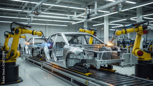 Robotic arms welding car chassis on assembly line, automotive manufacturing and future technology