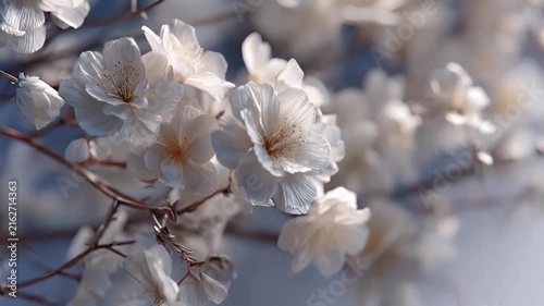 Close-up of white cherry blossoms on a branch