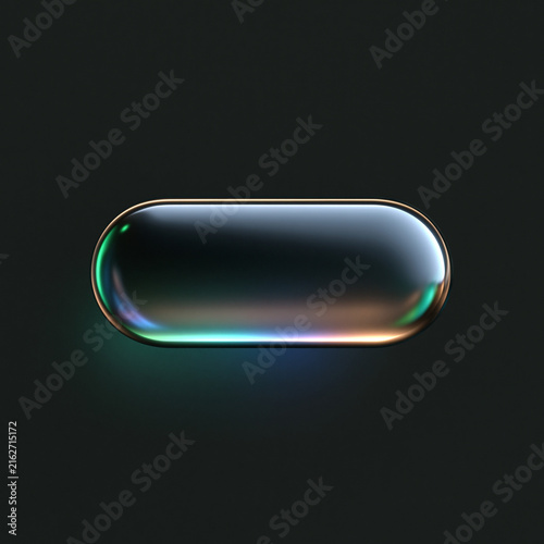 a pill shaped UI button with chrome material, with subtle reflections in green and blue one the edges