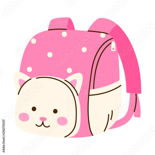 Cute pink school backpack with cat face. Adorable animal backpack for back to school, education, kindergarten, preschool, stickers, and children projects. Vector illustration in cartoon style