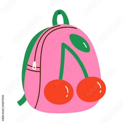 Cute school backpack with cherry. Stylish pink kids bag. Back to school, education, preschool, and children's projects concept. Vector illustration in cartoon style. Isolated white background